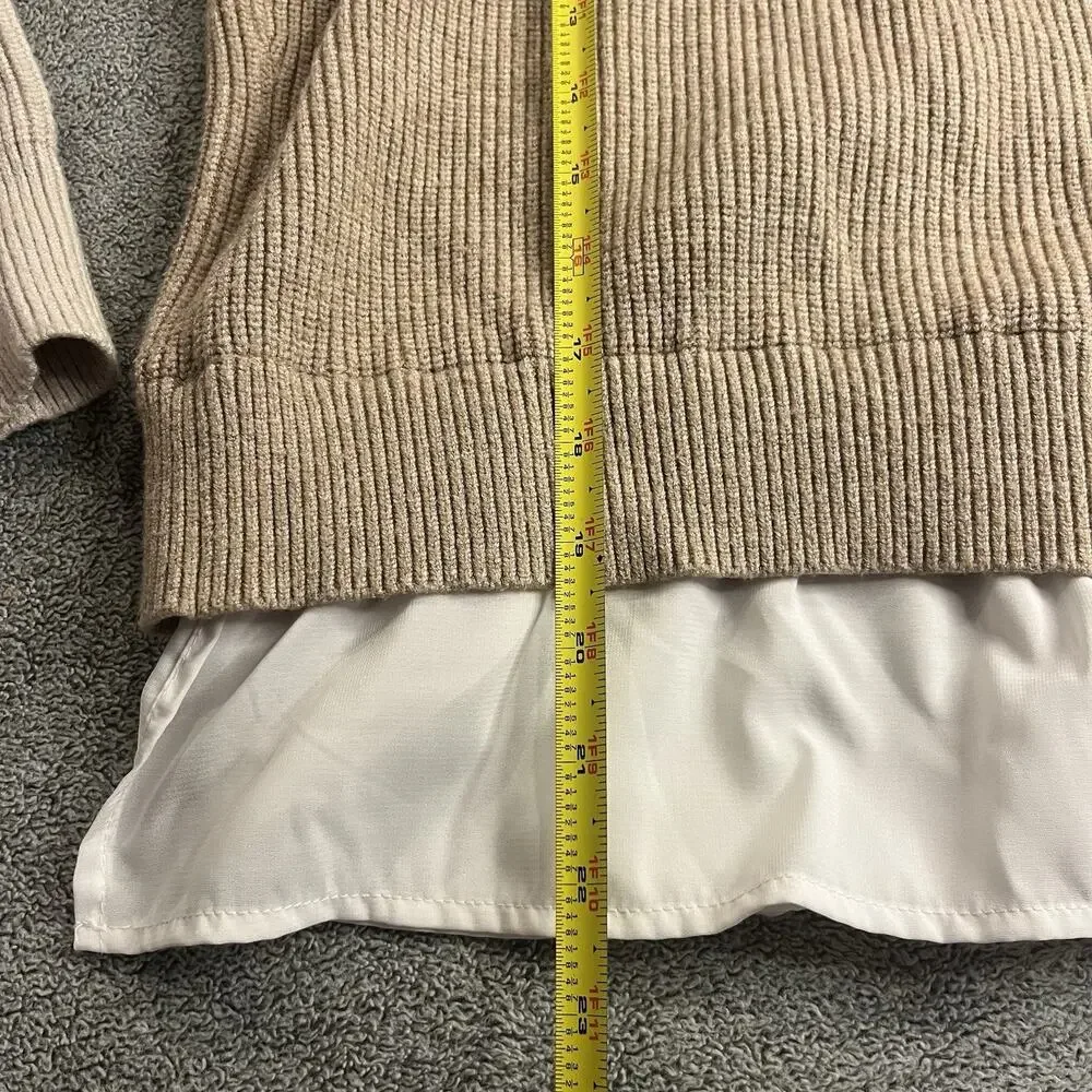 Sioni Milano Layered Look Ribbed Knit Sweater White Collar Hem Size L Tan B337